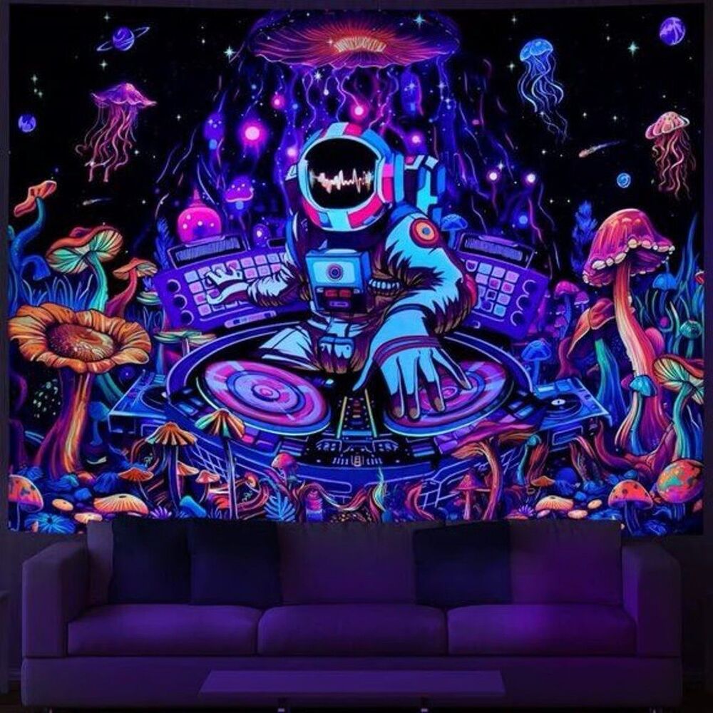 Blacklight Astronaut Tapestry, UV Reactive DJ Music Trippy Galaxy for Wall Decor